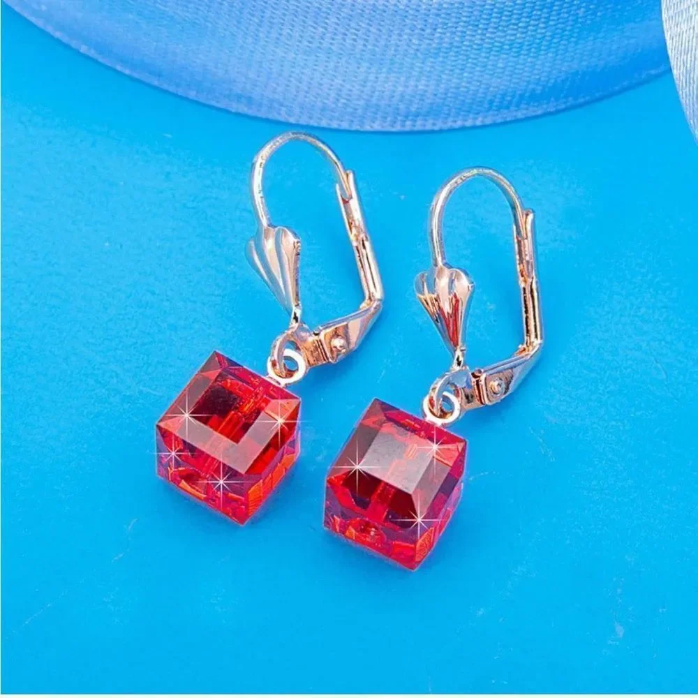 14K Yellow Gold with Ruby Red Austrian Crystal Cube Leverback Dangling Earrings